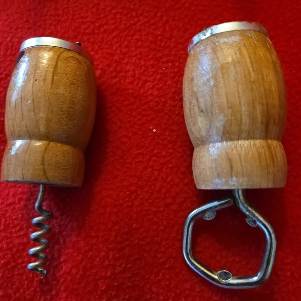 Vintage Wood Barware 3 pc set Salt Pepper Shakers Corkscrew Bottle Opener Faces